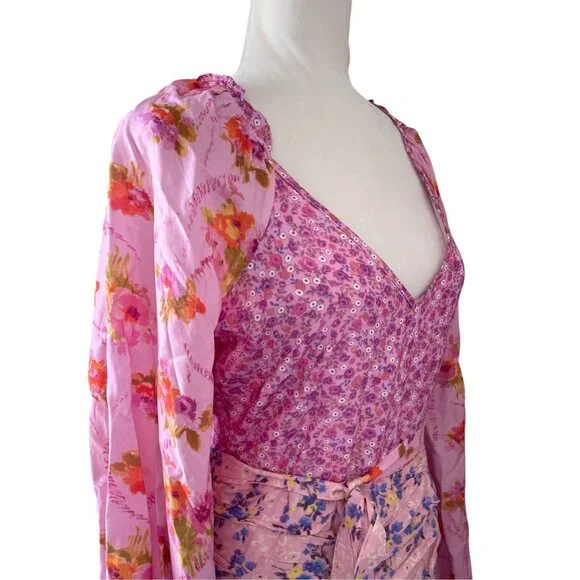 For Love Bell Pink Patchwork Ruffle Mini Dress Boho SZ M - Picture 13 of 16